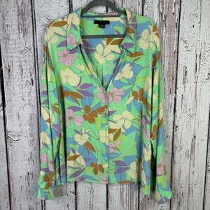 Sanctuary Easy Cuff Printed Shirt Plus Size 2X‎ Mint Multi Button Down Blouse